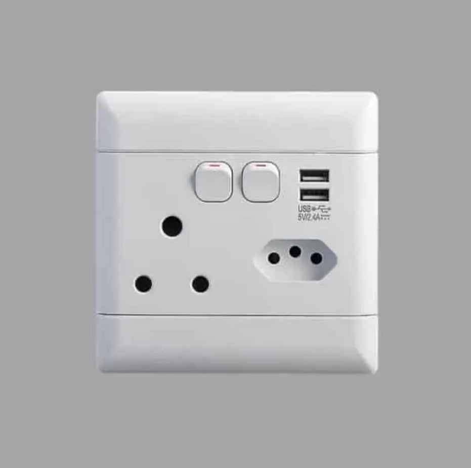 Nur White Single Switch Socket + Euro + USB 4x4